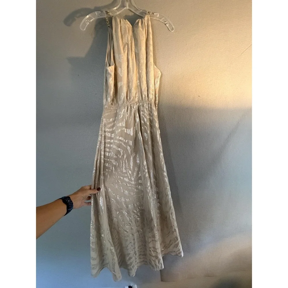 White House Black Market Dress Womens 8 Beige Metallic Halter Maxi Animal Print